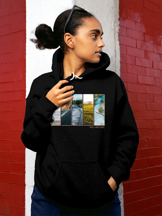 Fighterhero Hoodies: Model wearing Women's Black Hoodie Sweatshirt with 'Wild & Free' design