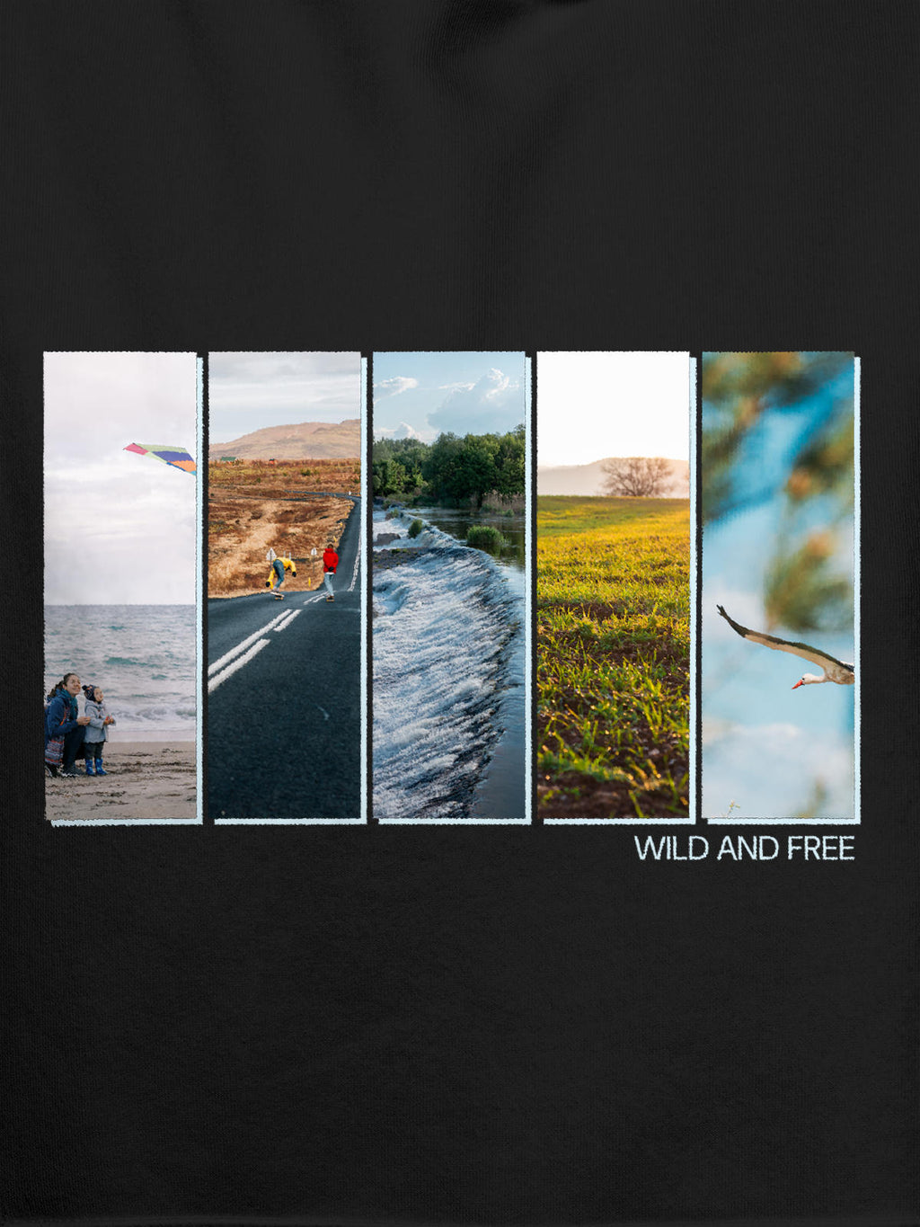 Close up of 'Wild & Free' design on Men's Dark Grey Hoodie Sweatshirt, highlighting intricate details and vibrant print.