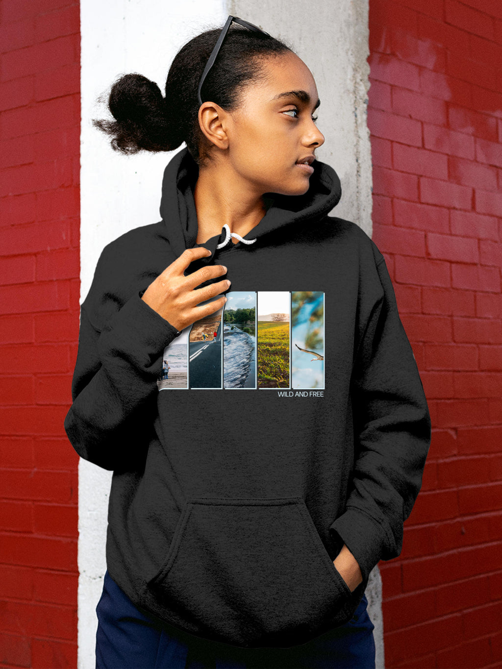 Model wearing Women's Dark Grey Hoodie Sweatshirt with 'Wild & Free' design, offering effortless style and premium comfort