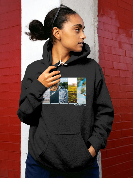 Fighterhero Hoodies: Model wearing Women's Dark Grey Hoodie Sweatshirt with 'Wild & Free' design