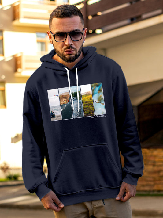 Model wearing Men's Navy Blue Hoodie Sweatshirt with 'Wild & Free' design, offering effortless style and premium comfort