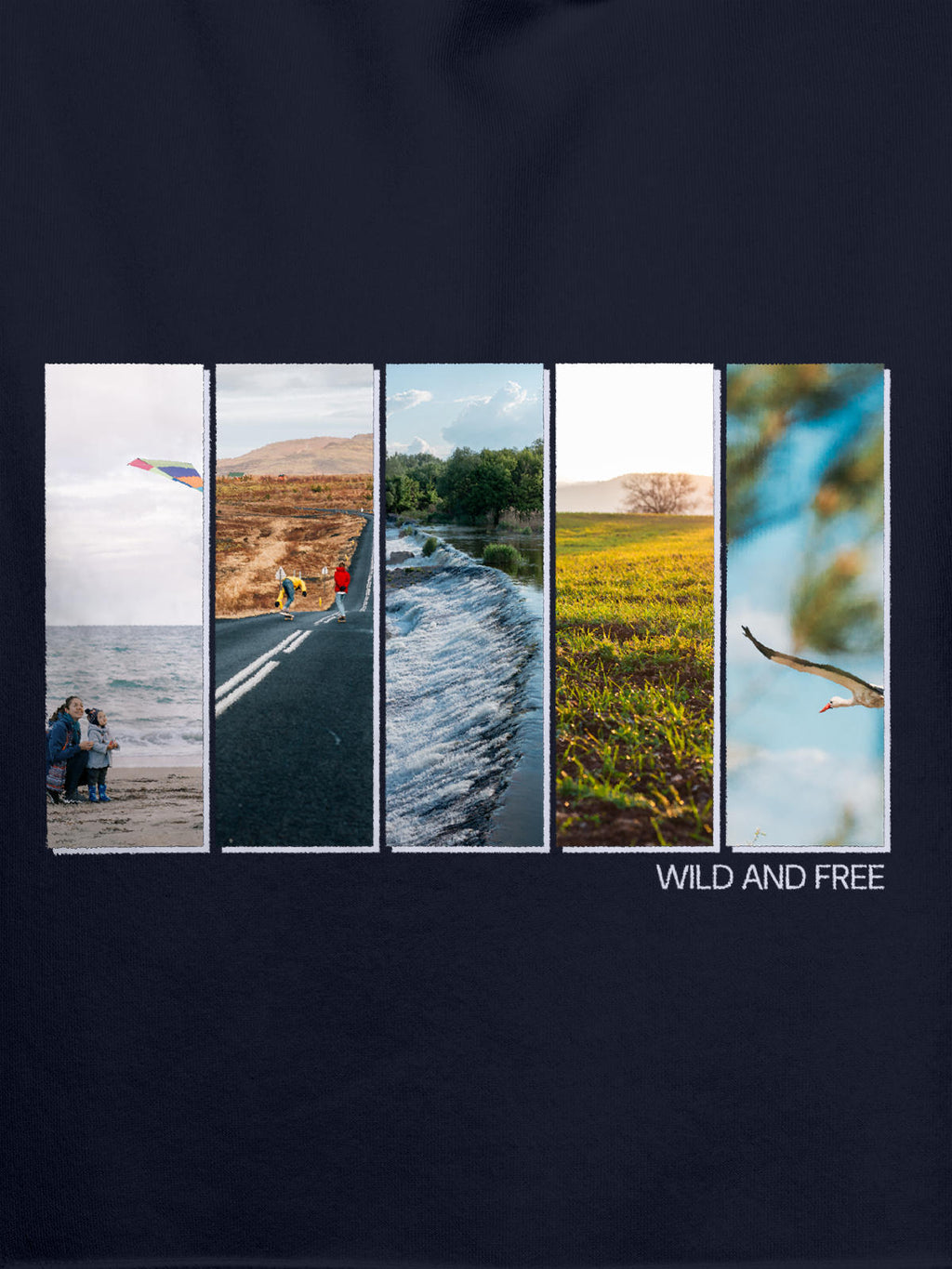 Close up of 'Wild & Free' design on Men's Navy Blue Hoodie Sweatshirt, highlighting intricate details and vibrant print.