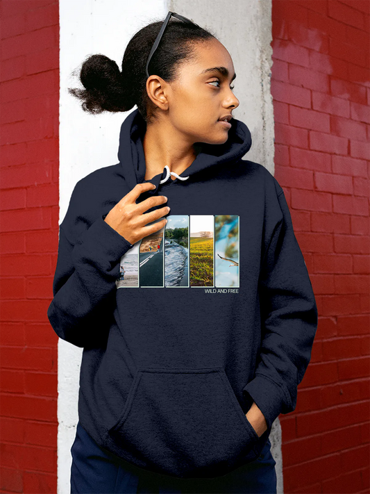 Fighterhero Hoodies: Model wearing Women's Navy Blue Hoodie Sweatshirt with 'Wild & Free' design