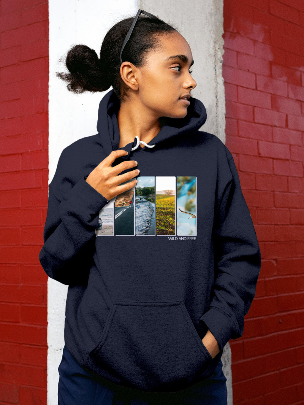 Model wearing Women's Navy Blue Hoodie Sweatshirt with 'Wild & Free' design, offering effortless style and premium comfort