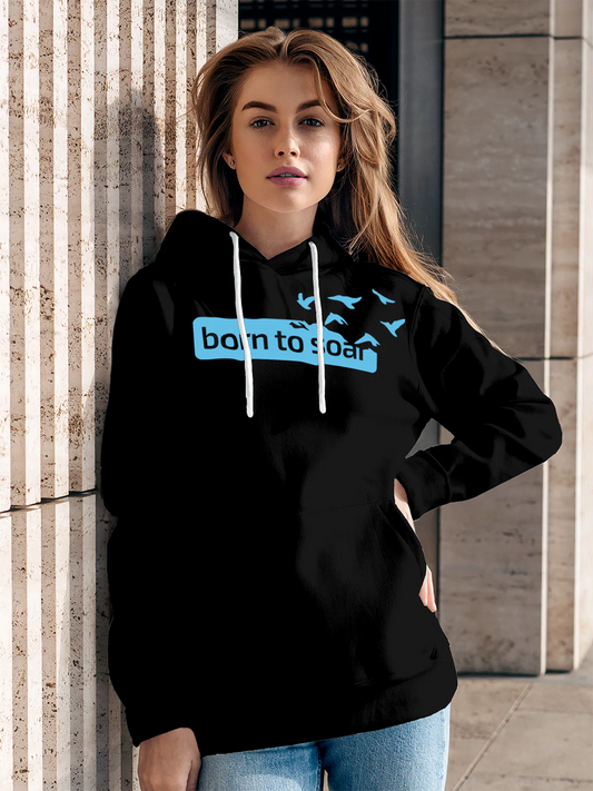 Fighterhero Hoodies: Model wearing Women's Black Hoodie Sweatshirt with 'Born To Soar' design