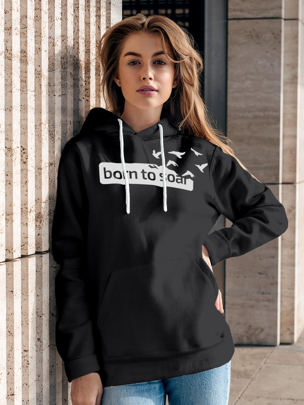 Model wearing Women's Dark Grey Hoodie Sweatshirt with 'Born To Soar' design, offering effortless style and premium comfort