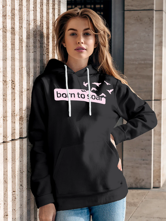 Fighterhero Hoodies: Model wearing Women's Dark Grey Hoodie Sweatshirt with 'Born To Soar' design