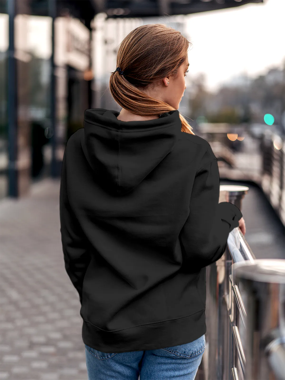 Back view of Fighterhero Women's Dark Grey Hoodie Sweatshirt, highlighting the modern look and clean finish