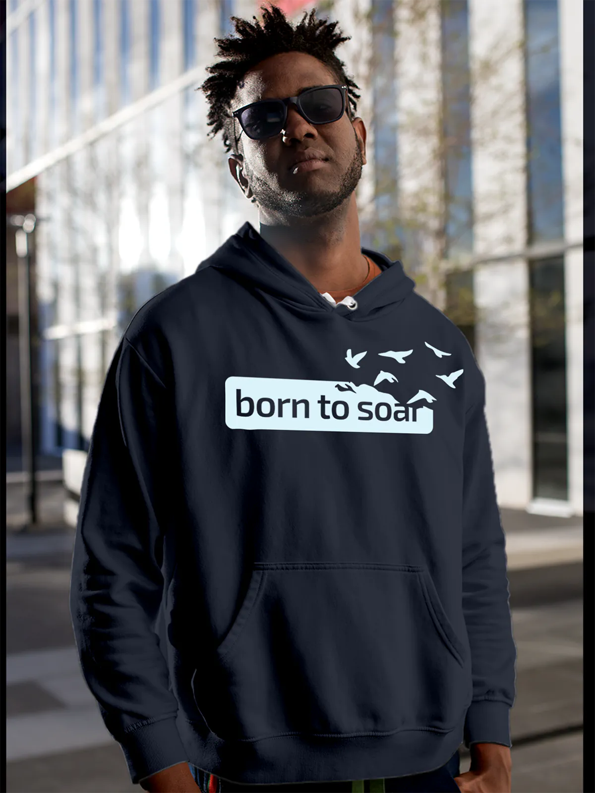 Model wearing Men's Navy Blue Hoodie Sweatshirt with 'Born To Soar' design, offering effortless style and premium comfort