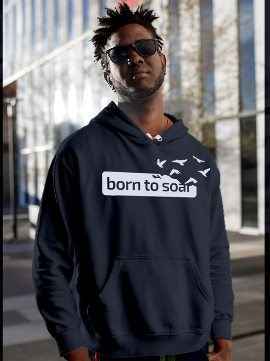 Fighterhero Hoodies: Model wearing Men's Navy Blue Hoodie Sweatshirt with 'Born To Soar' design