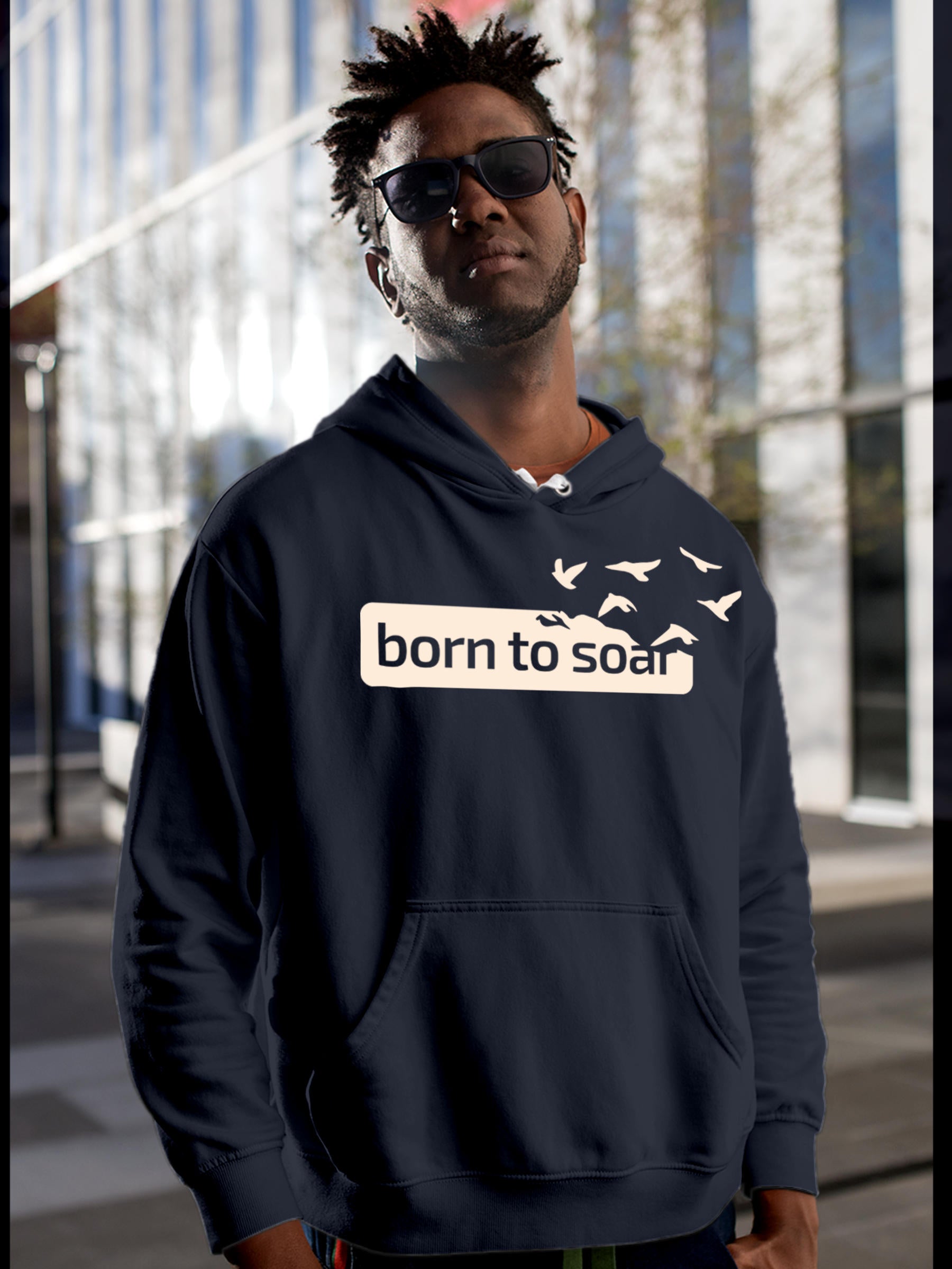 Model wearing Men's Navy Blue Hoodie Sweatshirt with 'Born To Soar' design, offering effortless style and premium comfort