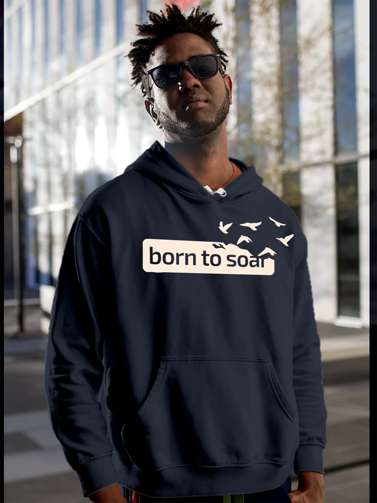 Model wearing Men's Navy Blue Hoodie Sweatshirt with 'Born To Soar' design, offering effortless style and premium comfort