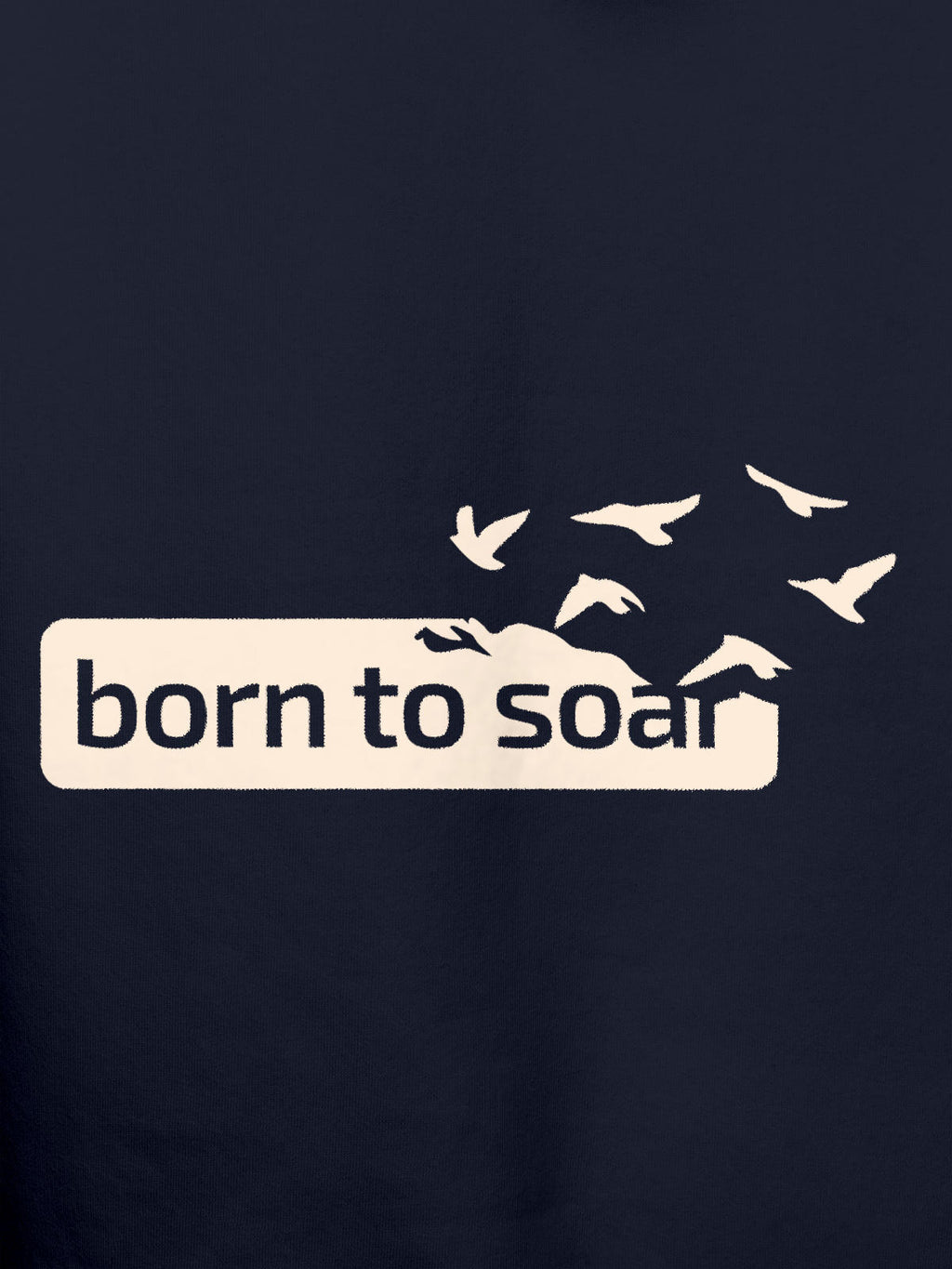 Close up of 'Born To Soar' design on Men's Navy Blue Hoodie Sweatshirt, highlighting intricate details and vibrant print.