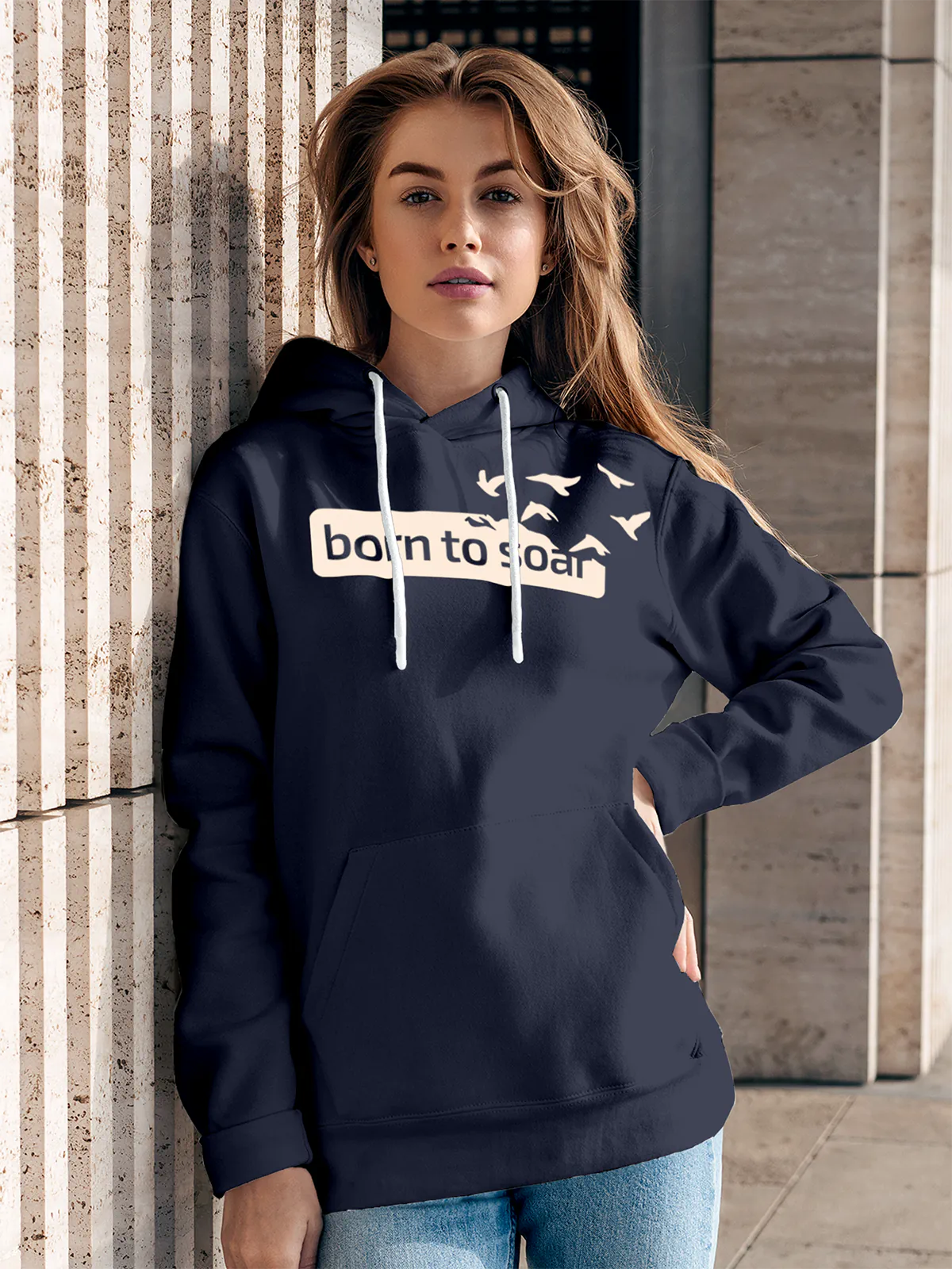 Model wearing Women's Navy Blue Hoodie Sweatshirt with 'Born To Soar' design, offering effortless style and premium comfort