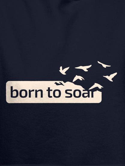 Close up of 'Born To Soar' design on Women's Navy Blue Hoodie Sweatshirt, highlighting intricate details and vibrant print.