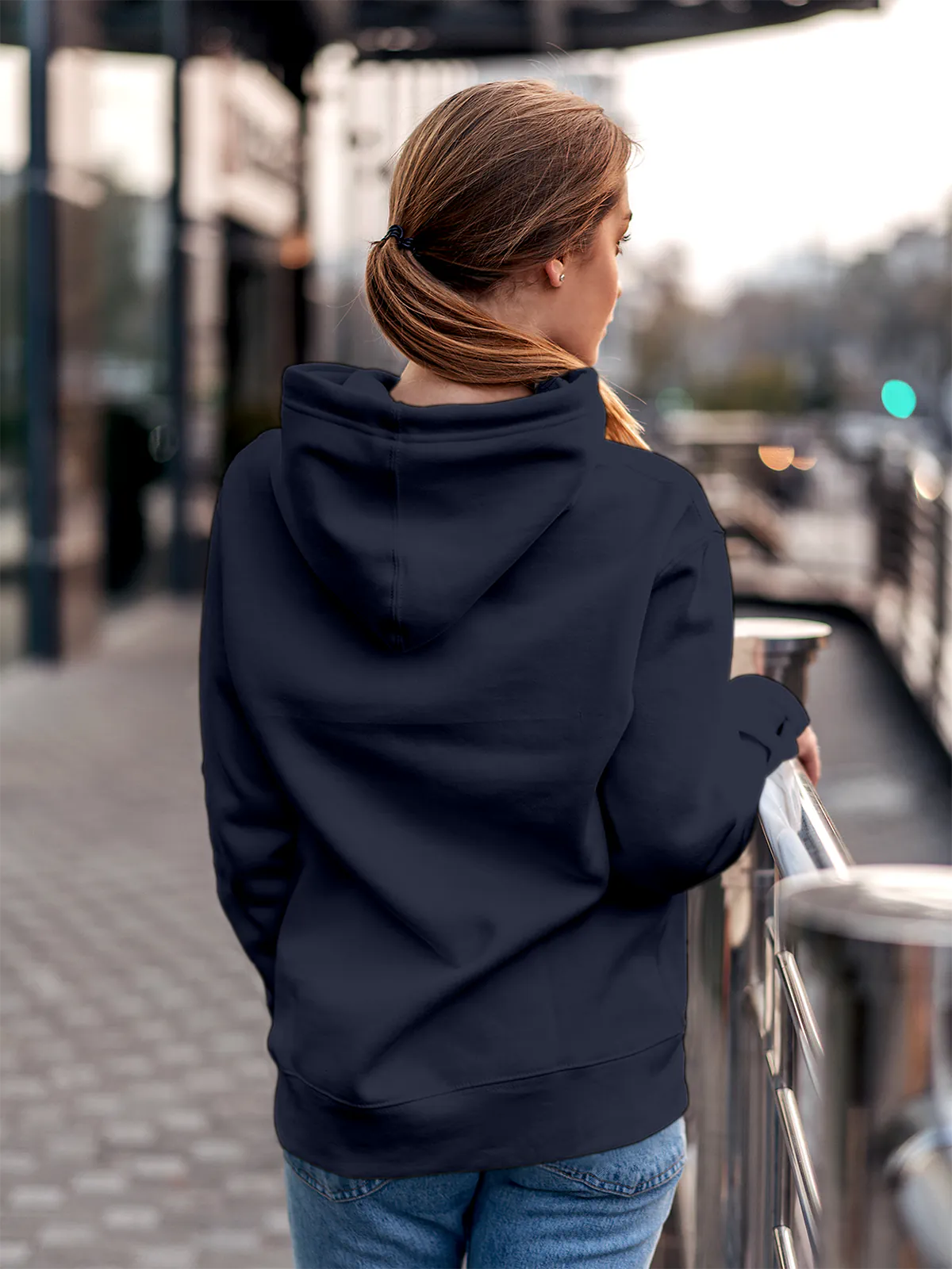 Back view of Fighterhero Women's Navy Blue Hoodie Sweatshirt, highlighting the modern look and clean finish