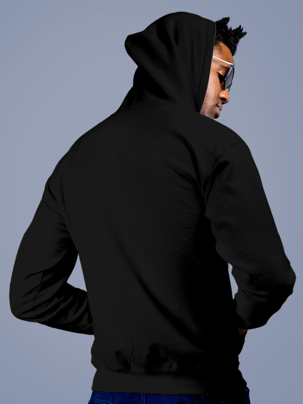 Back view of Fighterhero Men's Black Hoodie Sweatshirt, highlighting the modern look and clean finish