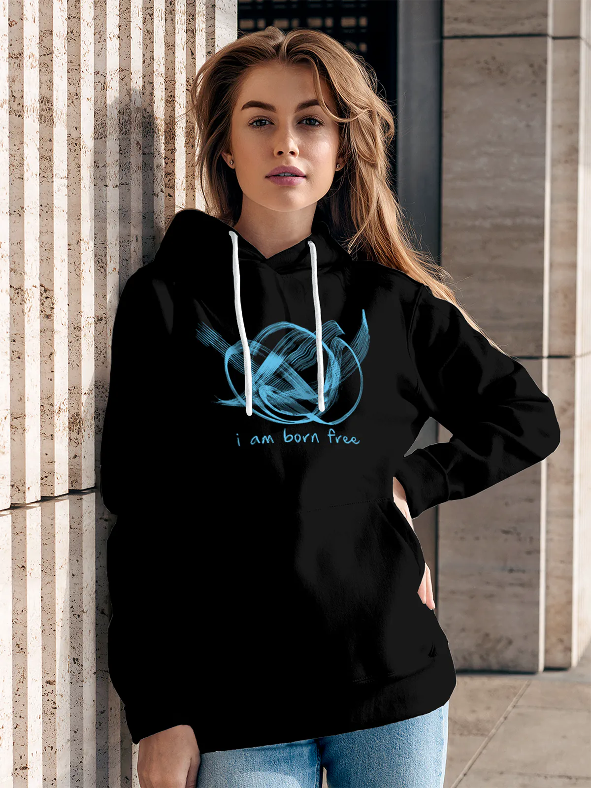 Model wearing Women's Black Hoodie Sweatshirt with 'Born Free' design, offering effortless style and premium comfort