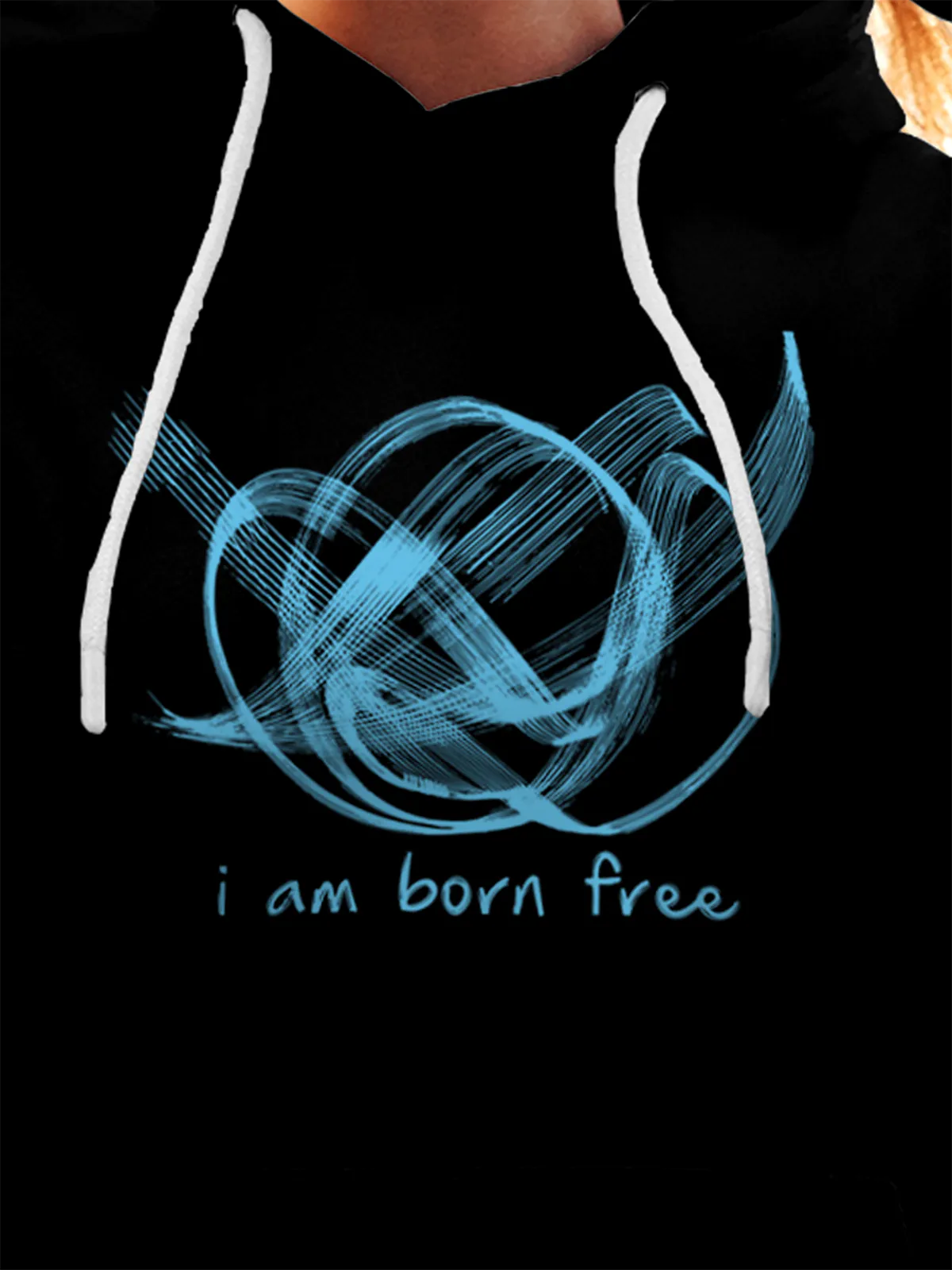 Close up of 'Born Free' design on Women's Black Hoodie Sweatshirt, highlighting intricate details and vibrant print.