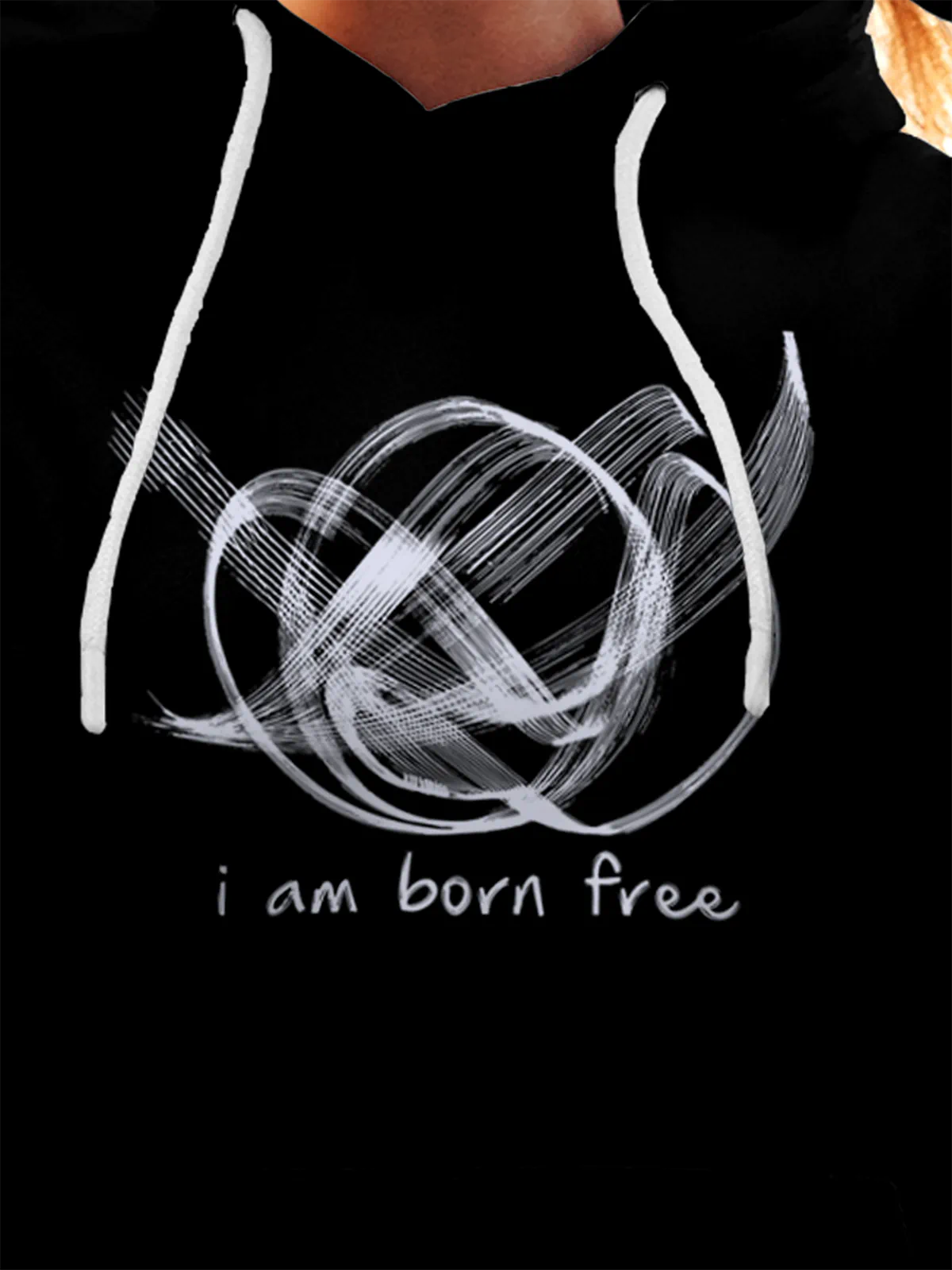 Close up of 'Born Free' design on Women's Black Hoodie Sweatshirt, highlighting intricate details and vibrant print.
