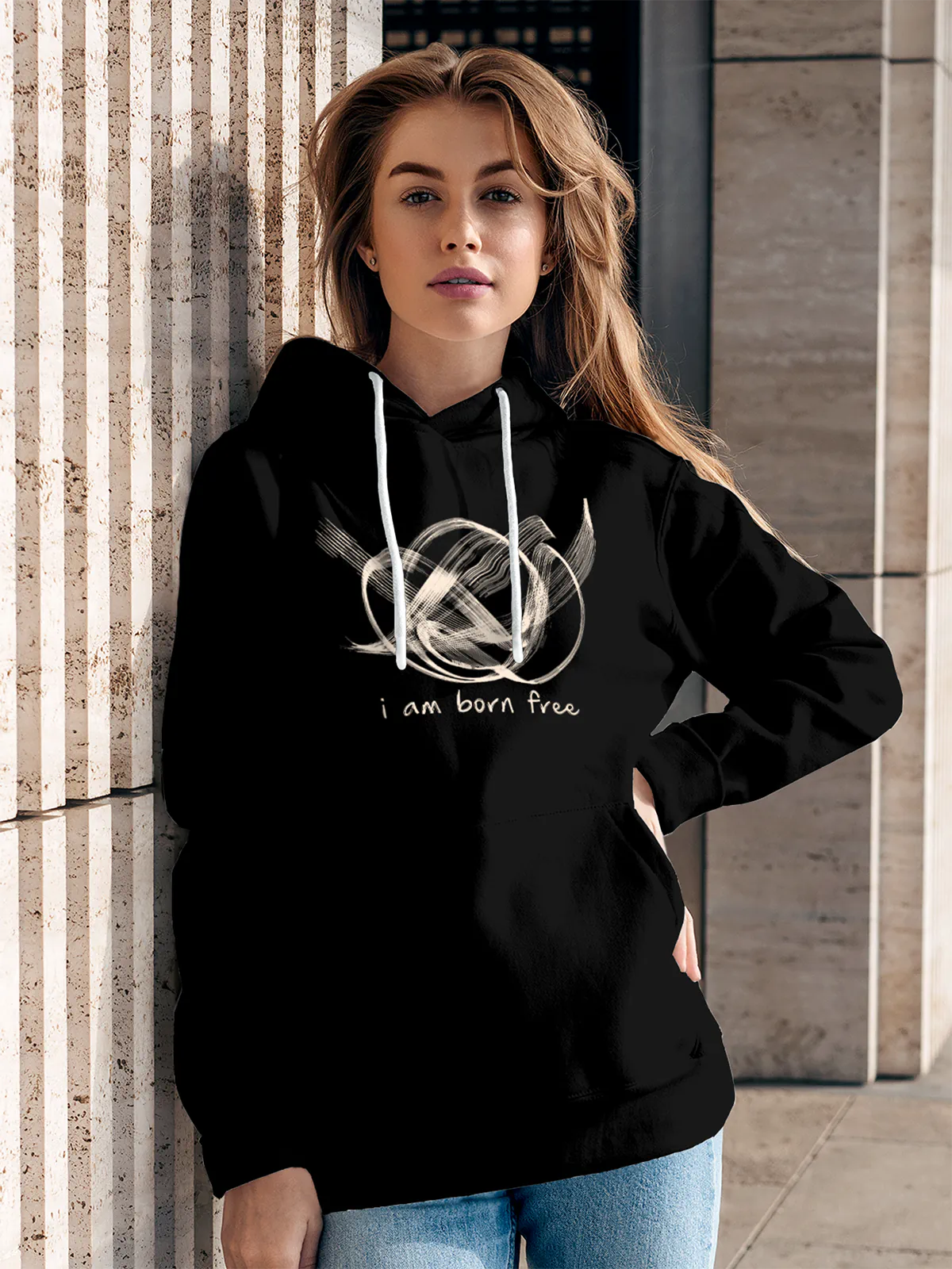 Fighterhero Hoodies: Model wearing Women's Black Hoodie Sweatshirt with 'Born Free' design