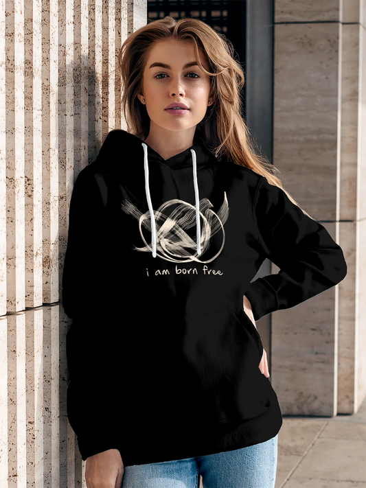 Fighterhero Hoodies: Model wearing Women's Black Hoodie Sweatshirt with 'Born Free' design