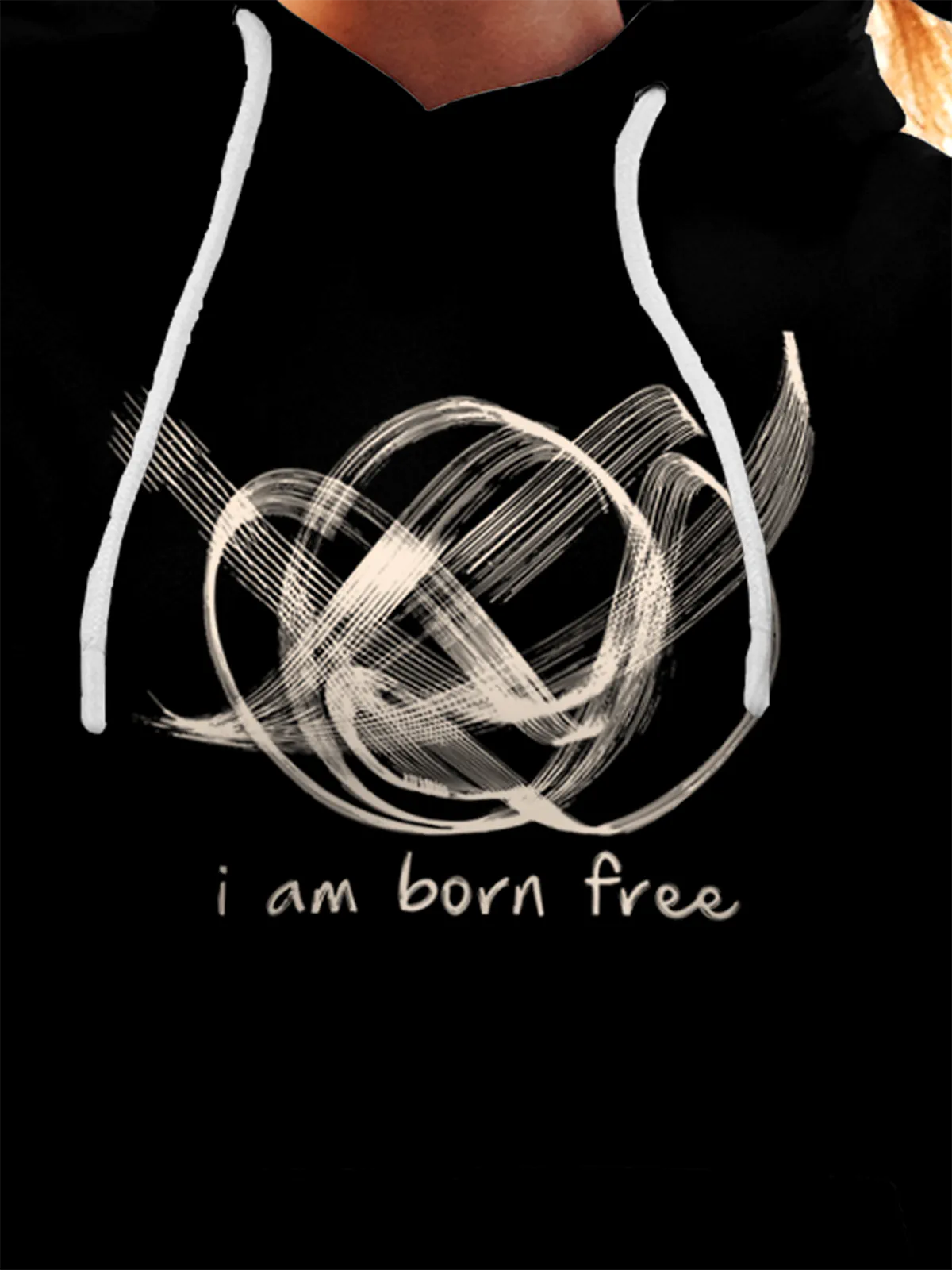 Close up of 'Born Free' design on Women's Black Hoodie Sweatshirt, highlighting intricate details and vibrant print.