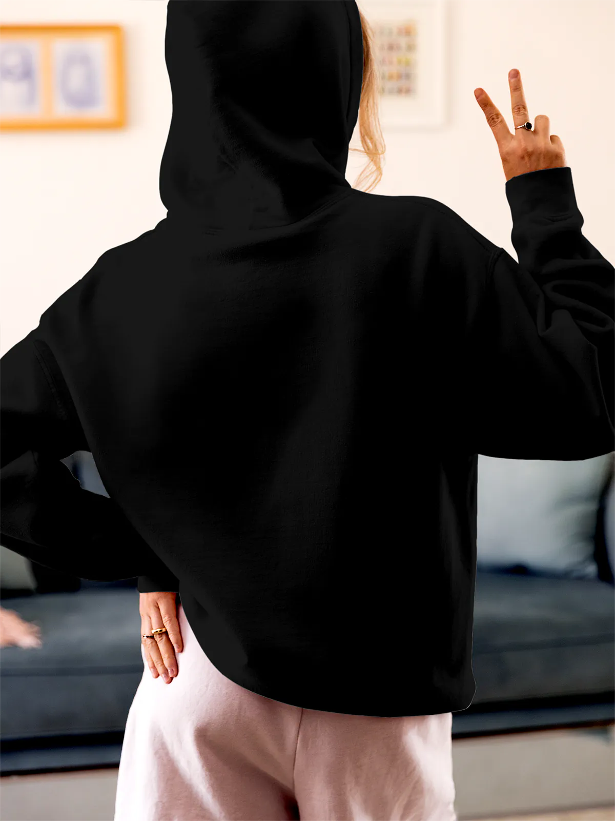 Back view of Fighterhero Women's Black Hoodie Sweatshirt, highlighting the modern look and clean finish