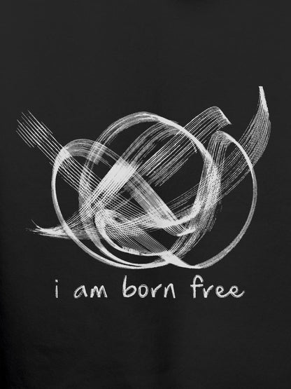 Close up of 'Born Free' design on Men's Dark Grey Hoodie Sweatshirt, highlighting intricate details and vibrant print.