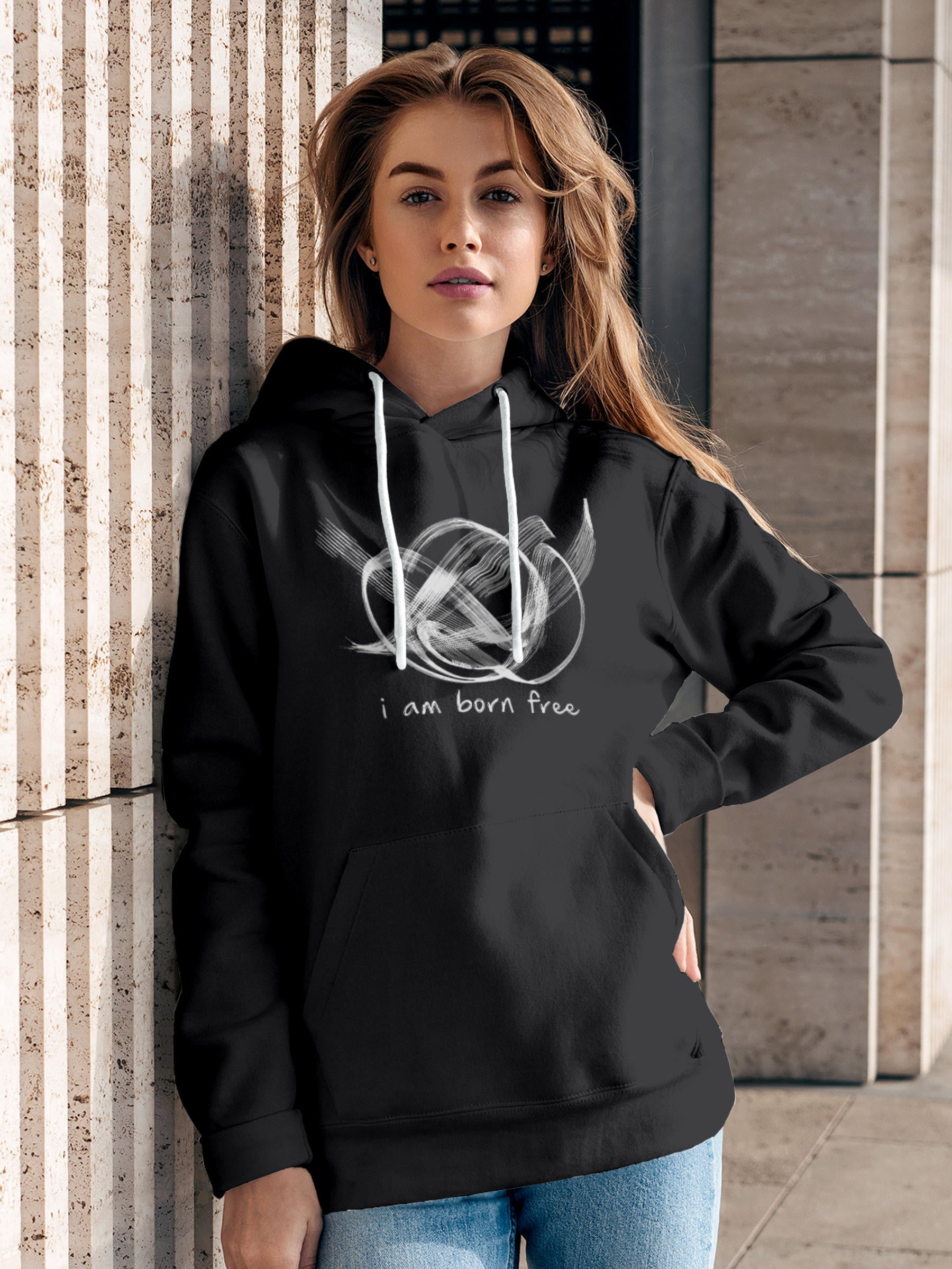 Model wearing Women's Dark Grey Hoodie Sweatshirt with 'Born Free' design, offering effortless style and premium comfort