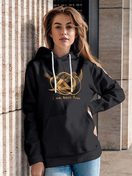 Fighterhero Hoodies: Model wearing Women's Dark Grey Hoodie Sweatshirt with 'Born Free' design