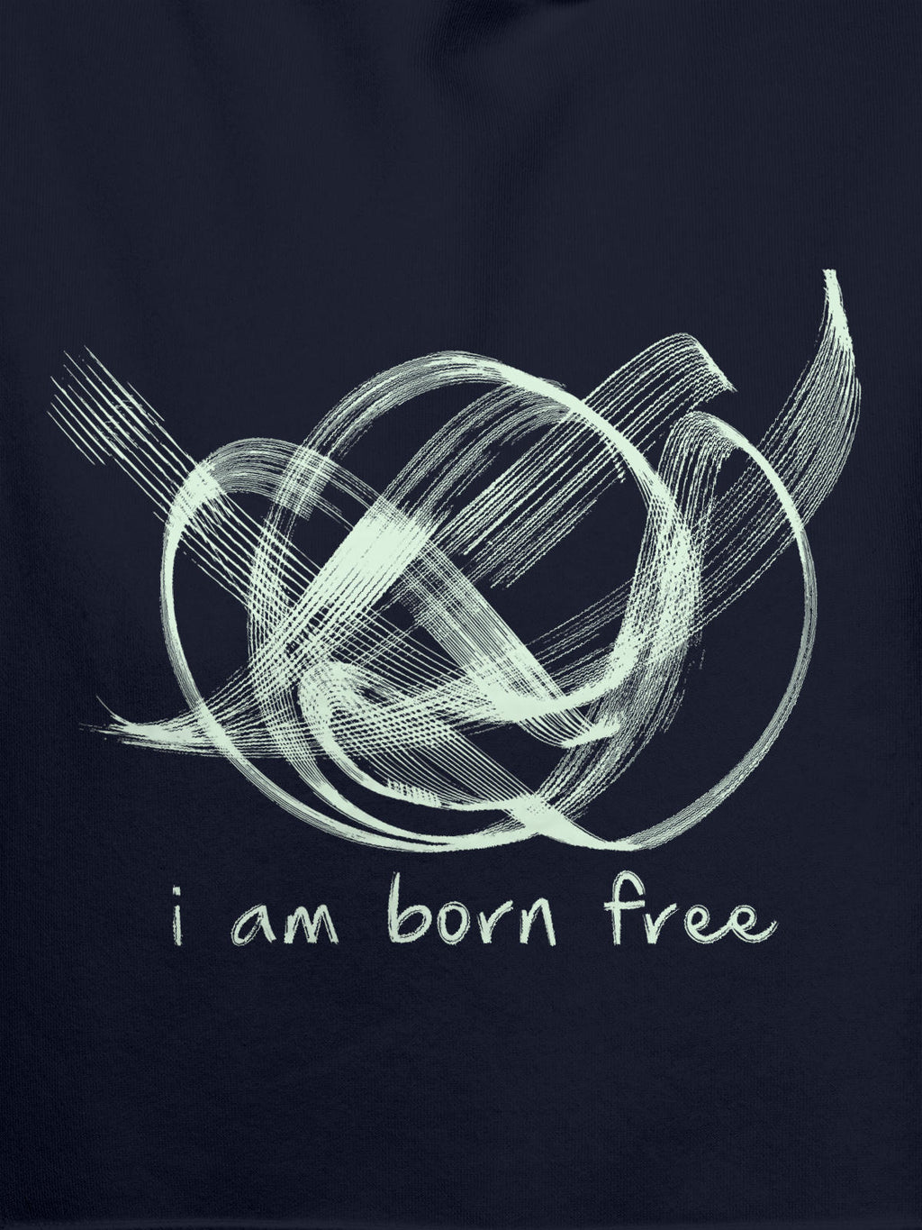 Close up of 'Born Free' design on Women's Navy Blue Hoodie Sweatshirt, highlighting intricate details and vibrant print.