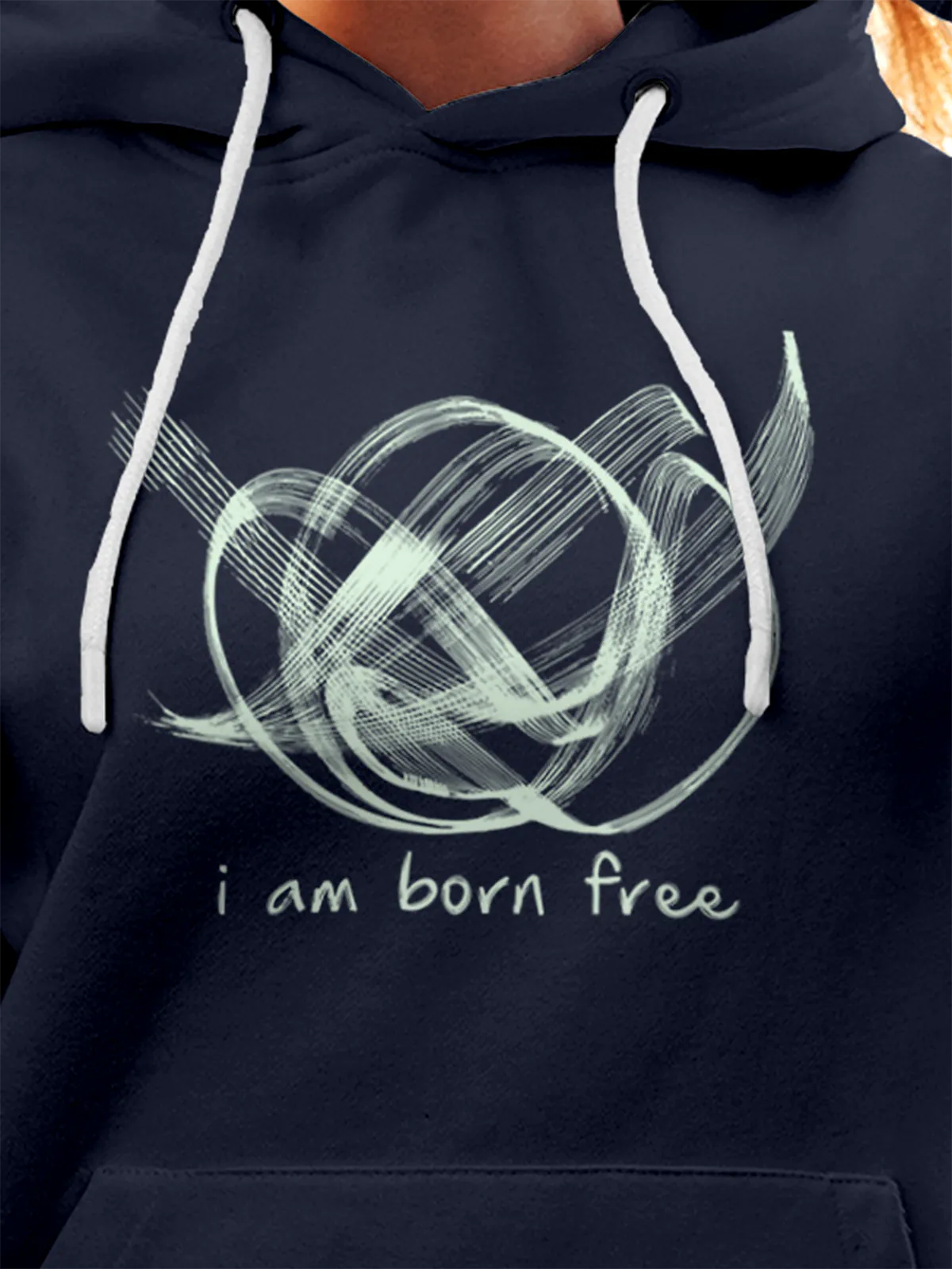 Close up of 'Born Free' design on Women's Navy Blue Hoodie Sweatshirt, highlighting intricate details and vibrant print.
