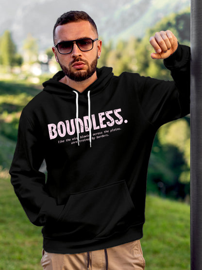Model wearing Men's Black Hoodie Sweatshirt with 'Boundless' design, offering effortless style and premium comfort