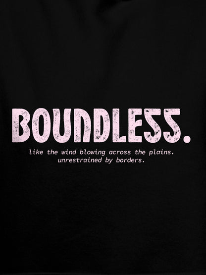 Close up of 'Boundless' design on Women's Black Hoodie Sweatshirt, highlighting intricate details and vibrant print.