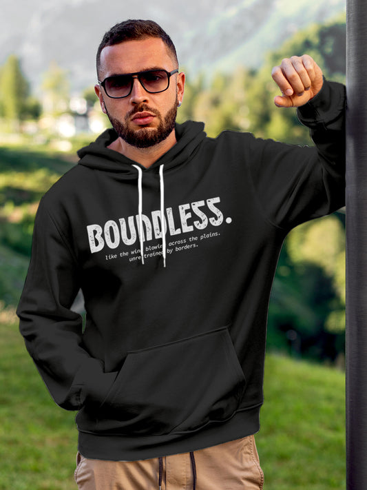 Model wearing Men's Dark Grey Hoodie Sweatshirt with 'Boundless' design, offering effortless style and premium comfort