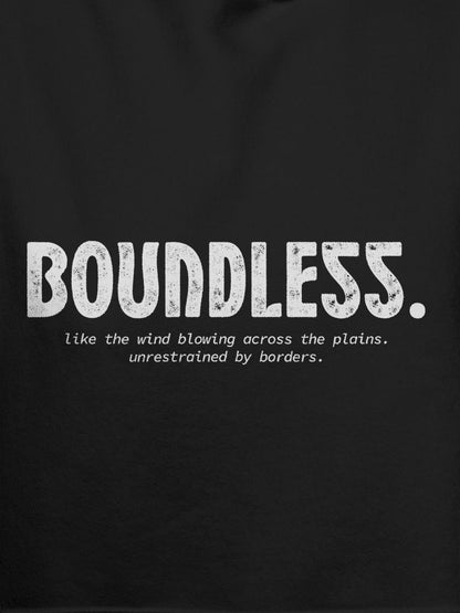 Close up of 'Boundless' design on Women's Dark Grey Hoodie Sweatshirt, highlighting intricate details and vibrant print.