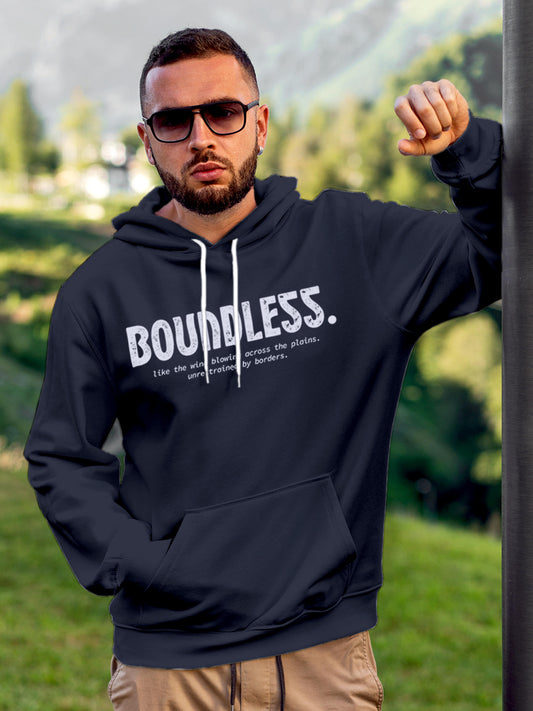 Model wearing Men's Navy Blue Hoodie Sweatshirt with 'Boundless' design, offering effortless style and premium comfort
