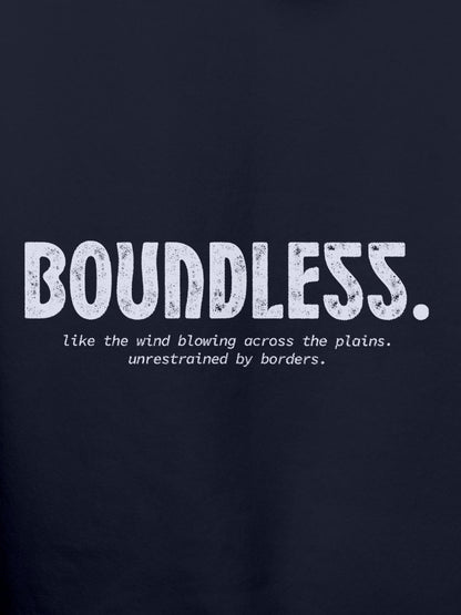 Close up of 'Boundless' design on Men's Navy Blue Hoodie Sweatshirt, highlighting intricate details and vibrant print.