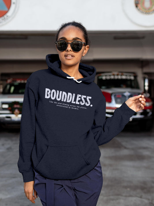 Model wearing Women's Navy Blue Hoodie Sweatshirt with 'Boundless' design, offering effortless style and premium comfort