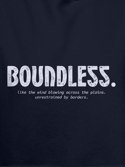 Close up of 'Boundless' design on Women's Navy Blue Hoodie Sweatshirt, highlighting intricate details and vibrant print.