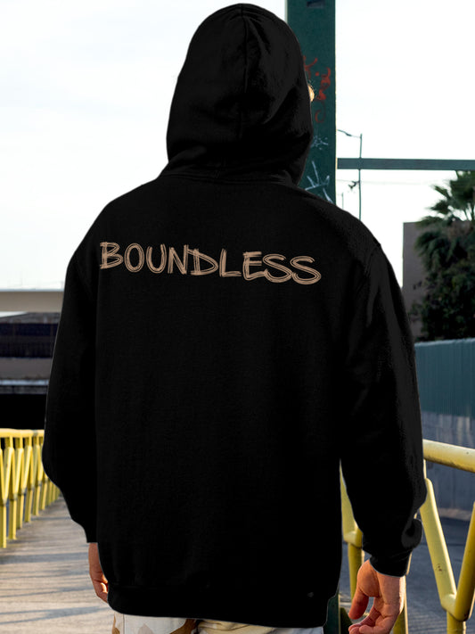 Model wearing Men's Black Hoodie Sweatshirt with 'Boundless' design, offering effortless style and premium comfort