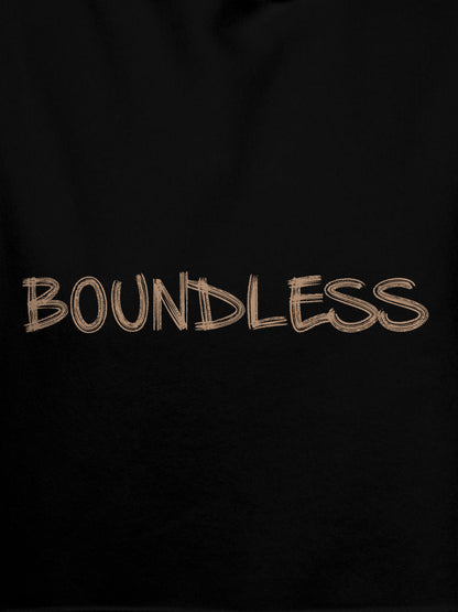 Close up of 'Boundless' design on Men's Black Hoodie Sweatshirt, highlighting intricate details and vibrant print.