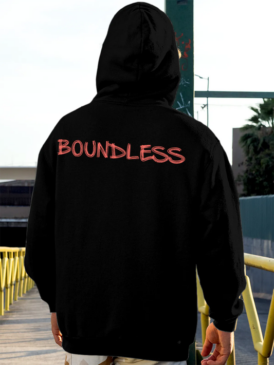Fighterhero Hoodies: Model wearing Men's Black Hoodie Sweatshirt with 'Boundless' design