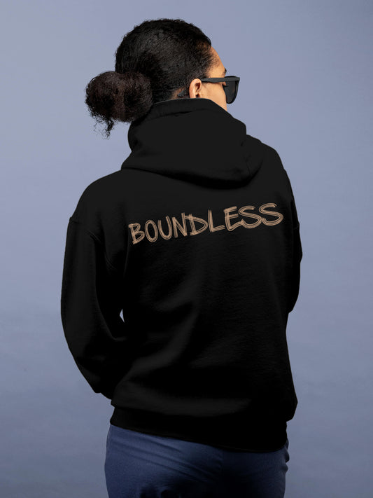 Model wearing Women's Black Hoodie Sweatshirt with 'Boundless' design, offering effortless style and premium comfort
