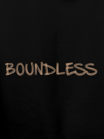 Close up of 'Boundless' design on Women's Black Hoodie Sweatshirt, highlighting intricate details and vibrant print.