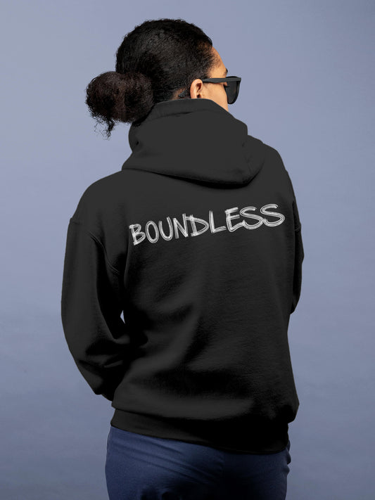 Model wearing Women's Dark Grey Hoodie Sweatshirt with 'Boundless' design, offering effortless style and premium comfort