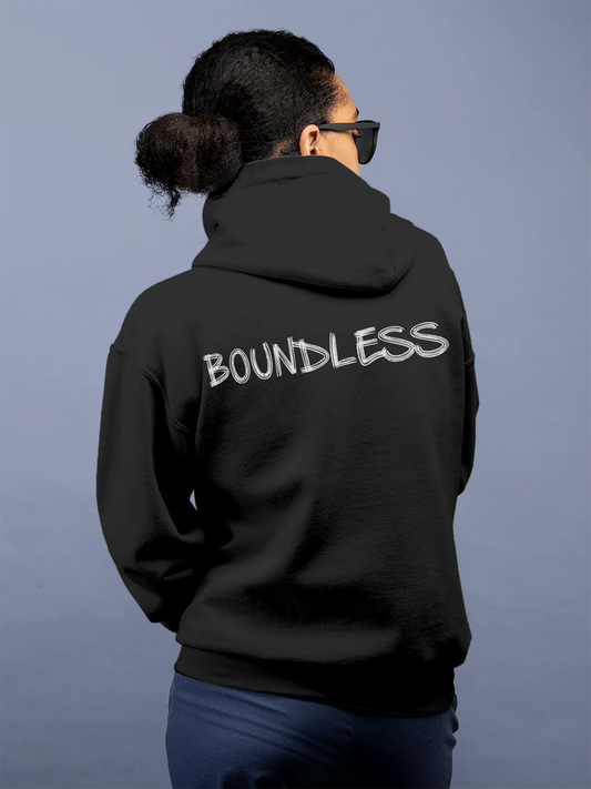 Fighterhero Hoodies: Model wearing Women's Dark Grey Hoodie Sweatshirt with 'Boundless' design