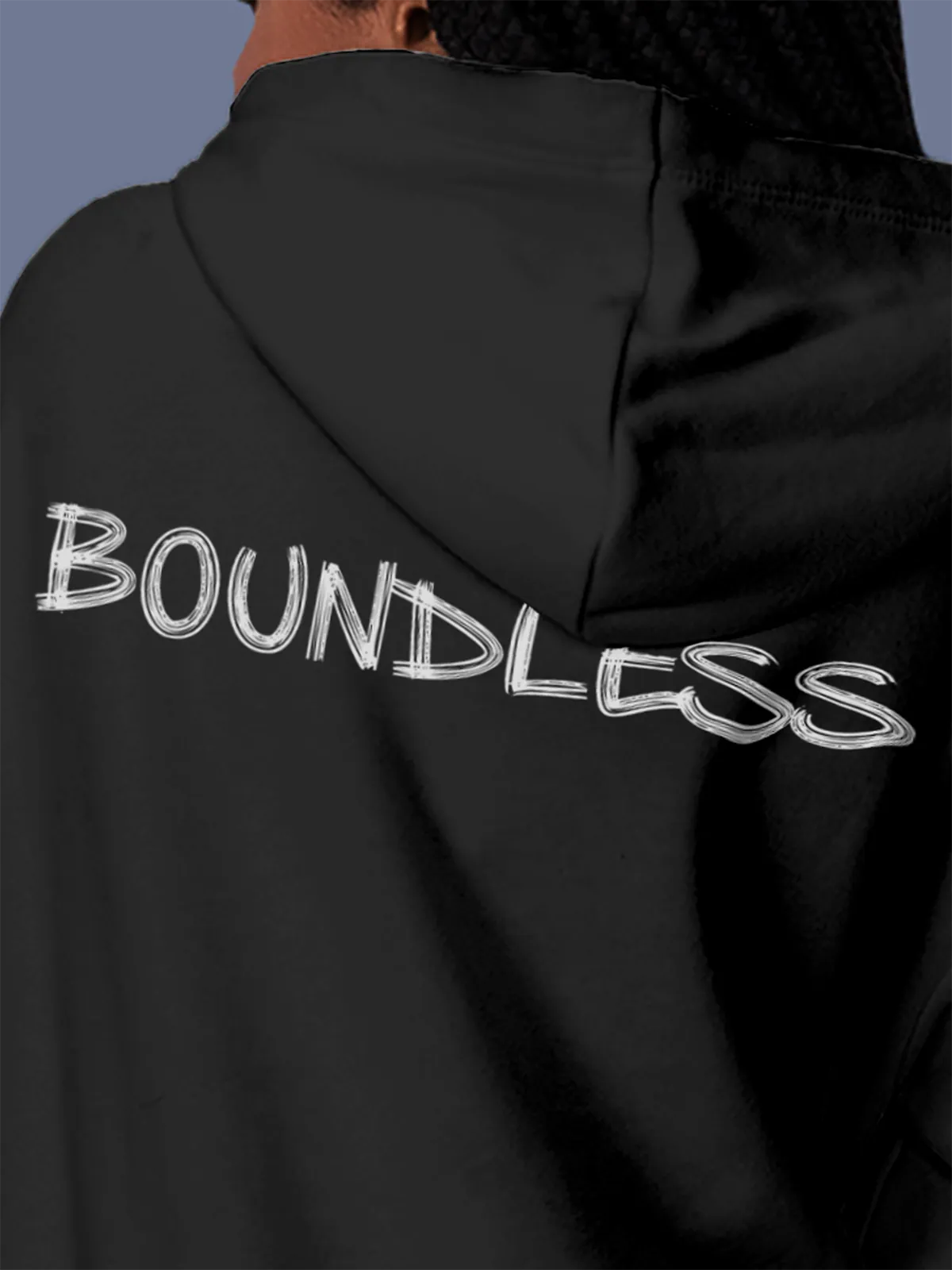 Close up of 'Boundless' design on Women's Dark Grey Hoodie Sweatshirt, highlighting intricate details and vibrant print.