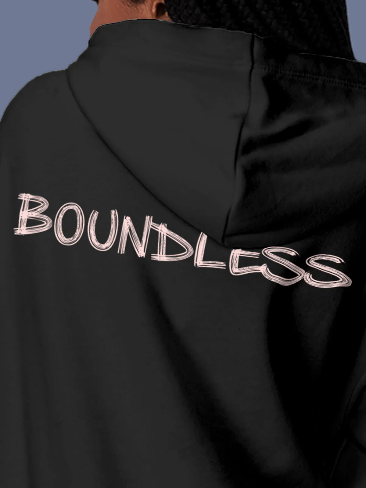 Close up of 'Boundless' design on Women's Dark Grey Hoodie Sweatshirt, highlighting intricate details and vibrant print.